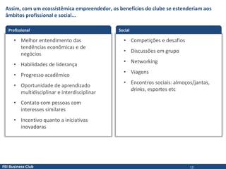 FEI Business Club
Assim, com um ecossistêmica empreendedor, os benefícios do clube se estenderiam aos
âmbitos profissional e social...
Profissional Social
• Melhor entendimento das
tendências econômicas e de
negócios
• Habilidades de liderança
• Progresso acadêmico
• Oportunidade de aprendizado
multidisciplinar e interdisciplinar
• Contato com pessoas com
interesses similares
• Incentivo quanto a iniciativas
inovadoras
• Competições e desafios
• Discussões em grupo
• Networking
• Viagens
• Encontros sociais: almoços/jantas,
drinks, esportes etc
12
 