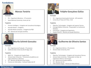 FEI Business Club
Fundadores
Marcos Tenório
Trajetória
Formação
Foto
Feliphe Gonçalves Galiza
Trajetória
Formação
Foto
Murilo Schimit Gonzalez
Trajetória
Formação
Guilherme de Oliveira Santos
Trajetória
Formação
• FEI – Engenharia Mecânica – 9º semestre
• Seoul National University, Coreia do Sul
• FEI - Engenharia Automação Controle - 10º semestre
• University of Texas at El Paso , EUA
• Promon Intelligens – Estagiário de Consultoria Estratégica
• Hyundai Rotem – Estágiário
• Hyundai Motor Company – Estagiário de P&D
• FEI – Bolsista de Iniciação Científica
• Oberthur Technologies - Estagiário de Suporte Técnico
• Carnegie Mellon University - Pesquisador no Instituto de
Robótica
• Festo Brazil - Estagiário de Engenharia
• Equipe RoboFEI - Membro da equipe Mecânica
• FEI - Engenharia de Produção - 9º semestre
• California State University Northridge, EUA
• FEI - Engenharia Elétrica - 8º semestre
• Arizona State University, EUA
• BASF S.A. - Estagiário de Supply Chain
• Arizona State University - Treinamento Acadêmico em
Lógica Dedutiva e Liderança
• FEI - Monitor de Mecânica dos Fluidos
• Técnico em Informática - Instituto Federal de SP
• Oberthur Technologies - Estagiário de Consultoria Técnica
• Arizona State University - Pesquisador no Dept. de
Engenharia Elétrica e de Energia
• FEI - Bolsista de Iniciação didática
• FEI - Monitor do CGI
• ETEC Getúlio Vargas - Técnico em Mecatrônica
17
 