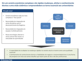 FEI Business Club
Em um cenário econômico complexo e de rápidas mudanças, alinhar o conhecimento
técnico a uma visão sistêmica e empreendedora se torna essencial aos universitários
Visão
holística do
Negócio
Inovação
Habilidades
Gerenciais
Comunicação
Liderança
Profissional de
sucesso
Situação atual
• Cenário econômico cada vez mais
complexo e “fast-paced”
• Necessidade de integração de
várias disciplinas para o
desenvolvimento de Negócios
• Necessidade de integração em
equipes multidisciplinares
• Novas tecnologias alteram o
senso comum das coisas e a
velocidade de aprendizado
• A capacidade de se adaptar às mudanças rápidas no cenário atual se mostra como uma qualidade
essencial
• O alinhamento do conhecimento técnico a habilidades de negócio e empreendedorismo é uma forma
de prosperar em meio aos tantos desafios que fazem parte do dia-a-dia dos profissionais
3
 