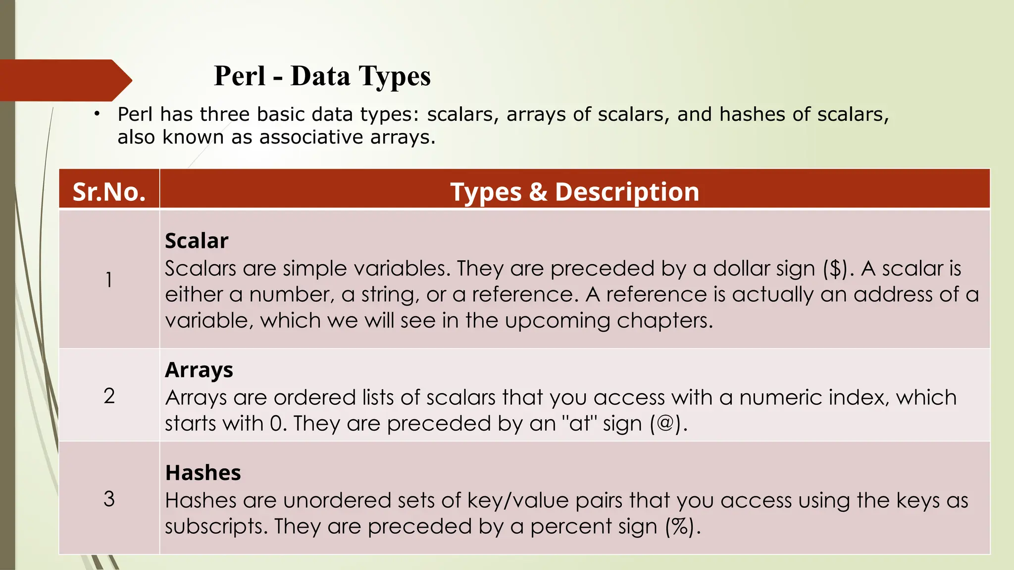 Perl - Data Types
• Perl has three basic data types: scalars, arrays of scalars, and hashes of scalars,
also known as associative arrays.
Sr.No. Types & Description
1
Scalar
Scalars are simple variables. They are preceded by a dollar sign ($). A scalar is
either a number, a string, or a reference. A reference is actually an address of a
variable, which we will see in the upcoming chapters.
2
Arrays
Arrays are ordered lists of scalars that you access with a numeric index, which
starts with 0. They are preceded by an "at" sign (@).
3
Hashes
Hashes are unordered sets of key/value pairs that you access using the keys as
subscripts. They are preceded by a percent sign (%).
 