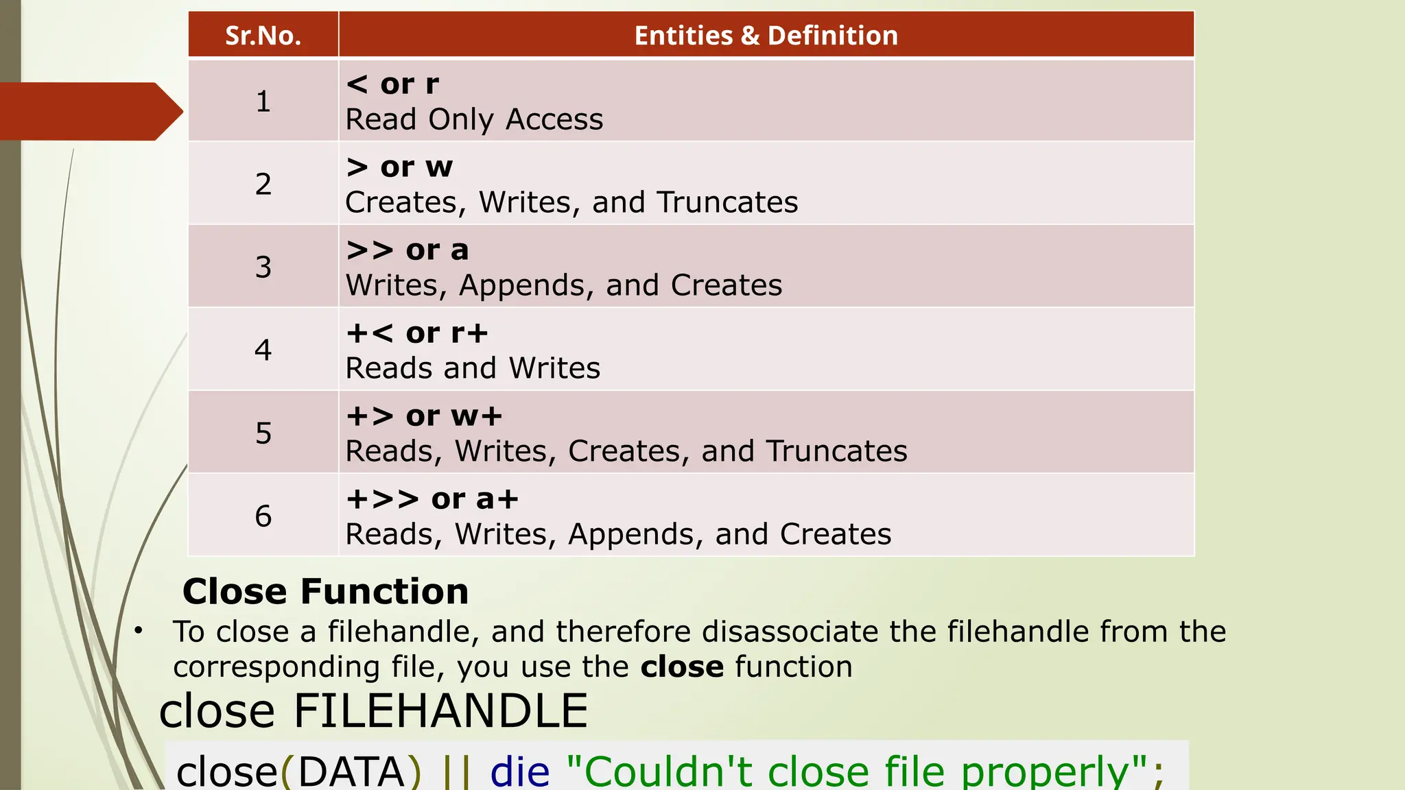 Sr.No. Entities & Definition
1
< or r
Read Only Access
2
> or w
Creates, Writes, and Truncates
3
>> or a
Writes, Appends, and Creates
4
+< or r+
Reads and Writes
5
+> or w+
Reads, Writes, Creates, and Truncates
6
+>> or a+
Reads, Writes, Appends, and Creates
Close Function
close(DATA) || die "Couldn't close file properly";
close FILEHANDLE
• To close a filehandle, and therefore disassociate the filehandle from the
corresponding file, you use the close function
 