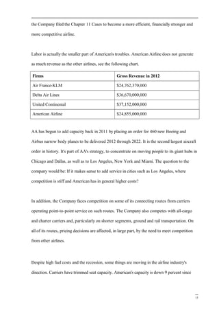 the Company filed the Chapter 11 Cases to become a more efficient, financially stronger and
more competitive airline.
Labor is actually the smaller part of American's troubles. American Airline does not generate
as much revenue as the other airlines, see the following chart.
Firms Gross Revenue in 2012
Air France-KLM $24,762,370,000
Delta Air Lines $36,670,000,000
United Continental $37,152,000,000
American Airline $24,855,000,000
AA has begun to add capacity back in 2011 by placing an order for 460 new Boeing and
Airbus narrow body planes to be delivered 2012 through 2022. It is the second largest aircraft
order in history. It's part of AA's strategy, to concentrate on moving people to its giant hubs in
Chicago and Dallas, as well as to Los Angeles, New York and Miami. The question to the
company would be: If it makes sense to add service in cities such as Los Angeles, where
competition is stiff and American has in general higher costs?
In addition, the Company faces competition on some of its connecting routes from carriers
operating point-to-point service on such routes. The Company also competes with all-cargo
and charter carriers and, particularly on shorter segments, ground and rail transportation. On
all of its routes, pricing decisions are affected, in large part, by the need to meet competition
from other airlines.
Despite high fuel costs and the recession, some things are moving in the airline industry's
direction. Carriers have trimmed seat capacity. American's capacity is down 9 percent since
15
 