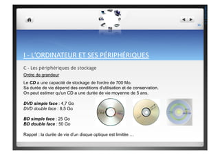 I	
  -­‐	
  L'ORDINATEUR	
  ET	
  SES	
  PÉRIPHÉRIQUES	
  
C	
  -­‐	
  Les	
  périphériques	
  de	
  stockage	
  
Ordre de grandeur
Le CD a une capacité de stockage de l'ordre de 700 Mo.
Sa durée de vie dépend des conditions d'utilisation et de conservation.
On peut estimer qu'un CD a une durée de vie moyenne de 5 ans.
DVD simple face : 4,7 Go
DVD double face : 8,5 Go
BD simple face : 25 Go
BD double face : 50 Go
Rappel : la durée de vie d'un disque optique est limitée …
11	
  
THEOTISTET.C.
 