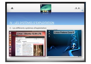 IV	
  -­‐	
  LES	
  SYSTÈMES	
  D’EXPLOITATION	
  	
  
C	
  -­‐	
  Les	
  diﬀérents	
  systèmes	
  d’exploita;on	
  	
  
Linux : Ubuntu 12.04 LTS
Linux Fedora Core 6
29	
  
THEOTISTET.C.
 