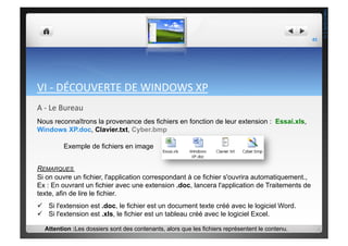 VI	
  -­‐	
  DÉCOUVERTE	
  DE	
  WINDOWS	
  XP	
  
A	
  -­‐	
  Le	
  Bureau	
  
Nous reconnaîtrons la provenance des fichiers en fonction de leur extension : Essai.xls,
Windows XP.doc, Clavier.txt, Cyber.bmp
Exemple de fichiers en image
REMARQUES
Si on ouvre un fichier, l'application correspondant à ce fichier s'ouvrira automatiquement.,
Ex : En ouvrant un fichier avec une extension .doc, lancera l'application de Traitements de
texte, afin de lire le fichier.
  Si l'extension est .doc, le fichier est un document texte créé avec le logiciel Word.
  Si l'extension est .xls, le fichier est un tableau créé avec le logiciel Excel.
Attention :Les dossiers sont des contenants, alors que les fichiers représentent le contenu.
45	
  
THEOTISTET.C.
 