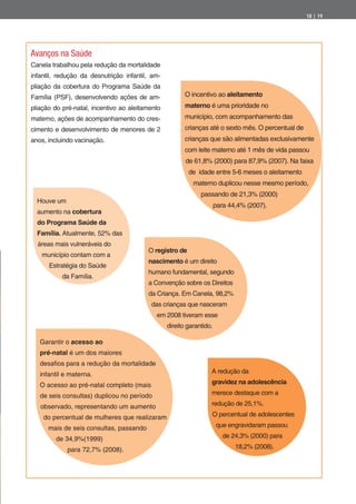 18 | 19




Avanços na Saúde
Canela trabalhou pela redução da mortalidade
infantil, redução da desnutrição infantil, am-
pliação da cobertura do Programa Saúde da
Família (PSF), desenvolvendo ações de am-               O incentivo ao aleitamento
pliação do pré-natal, incentivo ao aleitamento          materno é uma prioridade no
materno, ações de acompanhamento do cres-               município, com acompanhamento das
cimento e desenvolvimento de menores de 2               crianças até o sexto mês. O percentual de
anos, incluindo vacinação.                              crianças que são alimentadas exclusivamente
                                                        com leite materno até 1 mês de vida passou
                                                        de 61,8% (2000) para 87,9% (2007). Na faixa
                                                         de idade entre 5-6 meses o aleitamento
                                                           materno duplicou nesse mesmo período,
                                                              passando de 21,3% (2000)
  Houve um
                                                                      para 44,4% (2007).
  aumento na cobertura
  do Programa Saúde da
  Família. Atualmente, 52% das
  áreas mais vulneráveis do
                                         O registro de
   município contam com a
                                         nascimento é um direito
      Estratégia do Saúde
                                         humano fundamental, segundo
           da Família.
                                         a Convenção sobre os Direitos
                                         da Criança. Em Canela, 98,2%
                                          das crianças que nasceram
                                            em 2008 tiveram esse
                                                 direito garantido.

   Garantir o acesso ao
   pré-natal é um dos maiores
   desa os para a redução da mortalidade
   infantil e materna.                                            A redução da

   O acesso ao pré-natal completo (mais                           gravidez na adolescência

   de seis consultas) duplicou no período                         merece destaque com a

   observado, representando um aumento                            redução de 25,1%.

    do percentual de mulheres que realizaram                      O percentual de adolescentes

      mais de seis consultas, passando                                que engravidaram passou

        de 34,9%(1999)                                                   de 24,3% (2000) para

             para 72,7% (2008).                                              18,2% (2008).
 