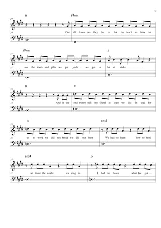 3
              B                                           F # min

     ####
                                                   ‰ œj œ œ œ œ œ œ œ œ œ œ œ œ
29

 &            Œ        Œ     Œ     Œ       Œ

 ? ####
29                                                  Our     dif feren ces they          do      a    lot      to     teach us     how       to

              w.                                            w.
            F # min                                                                             B

     ####                                                                                        j                              j
                                                                                                œ œ œ œ.
31

 &            œ œ œ œ œ œ œ œ œ œ œ œ                                                               J                          œ œ Œ

 ? ####
31           use      the tools and gifts we       got     yeah     we    got       a           lot at       stake


              w.                                                                                w.

              B                                              D
33
   #### Œ Œ Œ Œ ‰ œ œ œ n œ œ œ œ œ œ œ œ œ œ œ œ
 &                J
 ? ## ##
                 And in the end youre still my friend at least we did in tead for

                            nw.
33

         w.

               D                                                                        B/D #
   #### n œ œ œ œ œ œ œ œ œ œ œ
                                                                                        ‰ J œ œ œ
                                                                                          œ                                    œ œ œ
35

 &                                                                                                                     Œ

 ? #### n w .
                us      to work we     did not break we       did not burn                   We had to learn                  how to bend

                                                                                        w.
35




              B/D #                                                      D

     ####
              ‰ J œ œ œ
                œ                                   œ œ œ                ‰ nœ œ œ œ œ Œ                                     œ œ œ œ
37

 &                                             Œ                            J
 ? #### w .
                      wi thout the world            ca ving in                  I       had to       learn                 what Ive   got

                                                                         nw.
37
 