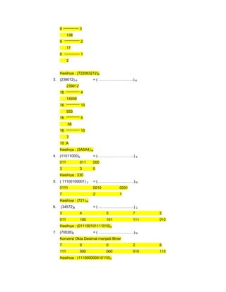 8              3
           138
     8              2
           17
     8              1
           2


     Hasilnya : (722063212)8
3. (239012)10             = ( …………………..…...)16
           239012
     16             4
           14938
     16             10
           933
     16             5
           58
     16             10
           3
     10 :A
     Hasilnya : (3A5A4)16
4. (11011000)2            = ( ………………………..) 8
     011            011   000
     3              3     0
     Hasilnya : 330
5. ( 11100100001) 2       = (…………………..…….)16
     0111                 0010         0001
     7                    2            1
     Hasilnya : (721)16
6.   (34572)8             = ( ………………….…….) 2
     3              4            5            7     2
     011            100          101          111   010
     Hasilnya : (011100101111010)2
7. (70026)8               = ( ………………….…….)16
     Konversi Okta Desimal menjadi Biner
     7              0            0            2     6
     111            000          000          010   110
     Hasilnya : (111000000010110)2
 
