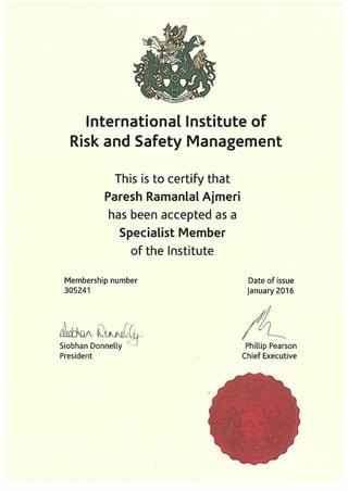 SIIRSM Paresh Ajmeri Certificate