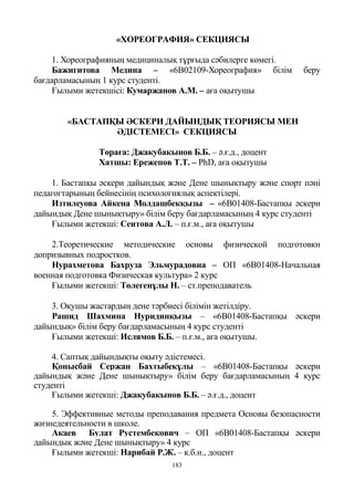 183
«ХОРЕОГРАФИЯ» СЕКЦИЯСЫ
1. Хореографияның медициналық тұрғыда сәбилерге көмегі.
Бажигитова Медина – «6В02109-Хореография» білім беру
бағдарламасының 1 курс студенті.
Ғылыми жетекшісі: Кумаржанов А.М. – аға оқытушы
«БАСТАПҚЫ ӘСКЕРИ ДАЙЫНДЫҚ ТЕОРИЯСЫ МЕН
ӘДІСТЕМЕСІ» СЕКЦИЯСЫ
Төраға: Джакубакынов Б.Б. – ә.ғ.д., доцент
Хатшы: Ережепов Т.Т. – PhD, аға оқытушы
1. Бастапқы әскери дайындық және Дене шынықтыру және спорт пәні
педагогтарының бейнесінің психологиялық аспектілері.
Изтилеуова Айкена Молдашбекқызы – «6В01408-Бастапқы әскери
дайындық Дене шынықтыру» білім беру бағдарламасының 4 курс студенті
Ғылыми жетекші: Сеитова А.Л. – п.ғ.м., аға оқытушы
2.Теоретические методические основы физической подготовки
допризывных подростков.
Нурахметова Бахруза Эльмурадовна – ОП «6В01408-Начальная
военная подготовка Физическая культура» 2 курс
Ғылыми жетекші: Төлегенұлы Н. – ст.преподаватель
3. Оқушы жастардың дене тәрбиесі білімін жетілдіру.
Рашид Шахмина Нуридинқызы – «6В01408-Бастапқы әскери
дайындық» білім беру бағдарламасының 4 курс студенті
Ғылыми жетекші: Ислямов Б.Б. – п.ғ.м., аға оқытушы.
4. Саптық дайындықты оқыту әдістемесі.
Қонысбай Сержан Бахтыбекұлы – «6В01408-Бастапқы әскери
дайындық және Дене шынықтыру» білім беру бағдарламасының 4 курс
студенті
Ғылыми жетекші: Джакубакынов Б.Б. – ә.ғ.д., доцент
5. Эффективные методы преподавания предмета Основы безопасности
жизнедеятельности в школе.
Акаев Булат Рустембекович – ОП «6В01408-Бастапқы әскери
дайындық және Дене шынықтыру» 4 курс
Ғылыми жетекші: Нарибай Р.Ж. – к.б.н., доцент
 