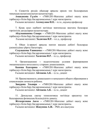 24
6. Сюжеттік рөлдік ойындар арқылы ересек топ балаларының
танымдық қызығушылығын қалыптастыру.
Амандосова Гүлсім – «7М01201-Мектепке дейінгі оқыту және
тәрбиелеу» білім беру бағдарламасының 1 курс магистранты.
Ғылыми жетекшісі: Атемкулова Н.О. – п.ғ.к., қауымд.профессор
7. Қазақ ауыз әдебиеті негізінде мектепалды жастағы балаларда
тәртіптілік дағдыларын қалыптастыру.
Абдуманнапова Севара – «7М01201-Мектепке дейінгі оқыту және
тәрбиелеу» білім беру бағдарламасының 1 курс магистранты.
Ғылыми жетекшісі: Халитова И.Р. – п.ғ.д., профессор
8. Ойын іс-әрекеті арқылы мектеп жасына дейінгі балаларды
үнемшілдікке үйрету бағыттары.
Сәдуақасова Ғаникамал – «7М01201-Мектепке дейінгі оқыту және
тәрбиелеу» білім беру бағдарламасының 1 курс магистранты.
Ғылыми жетекшісі: Халитова И.Р. – п.ғ.д., профессор
9. Организационно – педагогические условия формирования
эмоционального интеллекта у старших дошкольников.
Быкова Екатерина – «7М01201-Мектепке дейінгі оқыту және
тәрбиелеу» білім беру бағдарламасының 1 курс магистранты.
Ғылыми жетекшісі: Айтпаева А.К. – п.ғ.к., доцент
10. Преемственность дошкольного и начального общего образования в
социализации личности ребенка.
Зинурова Эльвира – «7М01201-Мектепке дейінгі оқыту және
тәрбиелеу» білім беру бағдарламасының 1 курс магистранты.
Ғылыми жетекшісі: Айтпаева А.К. – п.ғ.к., доцент
11. Денсаулық сақтау технологиясы негізінде ересектеу топ
балаларының физикалық белсенділігін дамыту.
Жеткергенова Аягөз – «7М01201-Мектепке дейінгі оқыту және
тәрбиелеу» білім беру бағдарламасының 1 курс магистранты.
Ғылыми жетекшісі: Жакупова А.Ж. – PhD, аға оқытушы
 