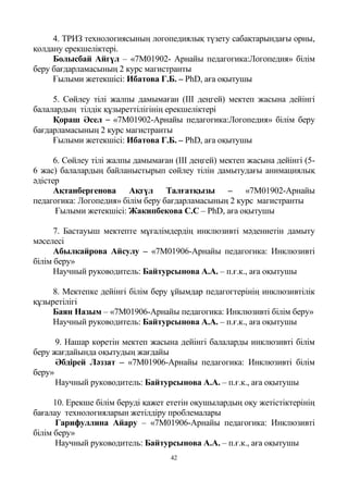 42
4. ТРИЗ технологиясының логопедиялық түзету сабақтарындағы орны,
қолдану ерекшеліктері.
Болысбай Айгүл – «7М01902- Арнайы педагогика:Логопедия» білім
беру бағдарламасының 2 курс магистранты
Ғылыми жетекшісі: Ибатова Г.Б. – PhD, аға оқытушы
5. Сөйлеу тілі жалпы дамымаған (ІІІ деңгей) мектеп жасына дейінгі
балалардың тілдік құзыреттілігінің ерекшеліктері
Қораш Әсел – «7М01902-Арнайы педагогика:Логопедия» білім беру
бағдарламасының 2 курс магистранты
Ғылыми жетекшісі: Ибатова Г.Б. – PhD, аға оқытушы
6. Сөйлеу тілі жалпы дамымаған (III деңгей) мектеп жасына дейінгі (5-
6 жас) балалардың байланыстырып сөйлеу тілін дамытудағы анимациялық
әдістер
Ақтанбергенова Ақгүл Талғатқызы – «7М01902-Арнайы
педагогика: Логопедия» білім беру бағдарламасының 2 курс магистранты
Ғылыми жетекшісі: Жакипбекова С.С – PhD, аға оқытушы
7. Бастауыш мектепте мұғалімдердің инклюзивті мәдениетін дамыту
мәселесі
Абылкайрова Айсулу – «7М01906-Арнайы педагогика: Инклюзивті
білім беру»
Научный руководитель: Байтурсынова А.А. – п.ғ.к., аға оқытушы
8. Мектепке дейінгі білім беру ұйымдар педагогтерінің инклюзивтілік
құзыретілігі
Баян Назым – «7М01906-Арнайы педагогика: Инклюзивті білім беру»
Научный руководитель: Байтурсынова А.А. – п.ғ.к., аға оқытушы
9. Нашар көретін мектеп жасына дейінгі балаларды инклюзивті білім
беру жағдайында оқытудың жағдайы
Әбдірей Ләззат – «7М01906-Арнайы педагогика: Инклюзивті білім
беру»
Научный руководитель: Байтурсынова А.А. – п.ғ.к., аға оқытушы
10. Ерекше білім беруді қажет ететін оқушылардың оқу жетістіктерінің
бағалау технологияларын жетілдіру проблемалары
Гарифуллина Айару – «7М01906-Арнайы педагогика: Инклюзивті
білім беру»
Научный руководитель: Байтурсынова А.А. – п.ғ.к., аға оқытушы
 