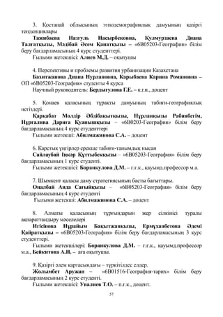 57
3. Қостанай облысының этнодемографиялық дамуының қазіргі
тенденциялары
Тажибаева Назгуль Насырбековна, Қулмурзаева Диана
Талғатқызы, Мәдібай Әсем Қанатқызы – «6B05203-География» білім
беру бағдарламасының 4 курс студенттері.
Ғылыми жетекшісі: Алиев М.Д. – оқытушы
4. Перспективы и проблемы развития урбанизации Казахстана
Бахитжанова Диана Нурлановна, Карыбаева Карина Романовна –
ОП «6В05203-География» студенты 4 курса
Научный руководитель: Бердыгулова Г.Е. – к.г.н., доцент
5. Қонаев қаласының тұрақты дамуының табиғи-географиялық
негіздері.
Қарқабат Мөлдір Әбдібақытқызы, Нұрланқызы Рабиябегім,
Нұрғалива Дариға Қуанышқызы – «6В0203-География» білім беру
бағдарламасының 4 курс студенттері
Ғылыми жетекші: Абилмажинова С.А. – доцент
6. Карстық үңгірлер ерекше табиғи-танымдық нысан
Сайлаубай Іңкәр Құттыбекқызы – «6В05203-География» білім беру
бағдарламасының 1 курс студенті.
Ғылыми жетекшісі: Боранкулова Д.М. – г.ғ.к., қауымд.профессор м.а.
7. Шымкент қаласы даму стратегиясының басты бағыттары.
Оңалбай Аида Сағыйқызы – «6В05203-География» білім беру
бағдарламасының 4 курс студенті
Ғылыми жетекші: Абилмажинова С.А. – доцент
8. Алматы қаласының тұрғындарын жер сілкінісі туралы
ақпараттандыру мәселелері
Игісінова Нұрайым Бақытжанқызы, Ермұханбетова Әдемі
Қайратқызы – «6В05203-География» білім беру бағдарламасының 3 курс
студенттері.
Ғылыми жетекшілері: Боранкулова Д.М. – г.ғ.к., қауымд.профессор
м.а., Бейкитова А.Н. – аға оқытушы.
9. Қазіргі әлем картасындағы – түркітілдес елдер.
Жолымбет Аружан – «6В01516-География-тарих» білім беру
бағдарламасының 2 курс студенті.
Ғылыми жетекшісі: Увалиев Т.О. – п.ғ.к., доцент.
 