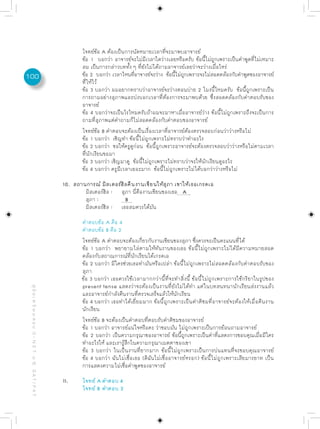 โจทย์ข้อ A ต้องเป็นการนัดหมายเวลาที่จะมาพบอาจารย์
                                                                  ข้อ 1 บอกว่า อาจารย์จะไม่มเวลาใดว่างเลยหรือครับ ข้อนีไม่ถกเพราะเป็นคำพูดทีไม่เหมาะ
                                                                                                ี                         ้ ู                 ่
                                                                  สม เป็นการกล่าวบททั้ง ๆ ที่ยังไม่ได้ถามอาจารย์เลยว่าจะว่างเมื่อไหร่
100                                                               ข้อ 2 บอกว่า เวลาไหนทีอาจารย์จะว่าง ข้อนีไม่ถกเพราะจะไม่สอดคล้องกับคำพูดของอาจารย์
                                                                                          ่                 ้ ู
                                                                  ที่ให้ไว้
                                                                  ข้อ 3 บอกว่า ผมอยากทราบว่าอาจารย์จะว่างตอนบ่าย 2 โมงนี้ไหมครับ ข้อนี้ถูกเพราะเป็น
                                                                  การถามอย่างสุภาพและบ่งบอกเวลาที่ต้องการจะมาพบด้วย ซึ่งสอดคล้องกับคำตอบรับของ
                                                                  อาจารย์
                                                                  ข้อ 4 บอกว่าจะเป็นไรไหมครับถ้าผมจะมาหาเมื่ออาจารย์ว่าง ข้อนี้ไม่ถูกเพราะถึงจะเป็นการ
                                                                  ถามที่สุภาพแต่คำถามก็ไม่สอดคล้องกับคำตอบของอาจารย์
                                                                  โจทย์ข้อ B คำตอบจะต้องเป็นเรื่องเวลาที่อาจารย์ต้องตรวจสอบก่อนว่าว่างหรือไม่
                                                                  ข้อ 1 บอกว่า เชิญทำ ข้อนี้ไม่ถูกเพราะไม่ทราบว่าทำอะไร
                                                                  ข้อ 2 บอกว่า ขอให้ครูดูก่อน ข้อนี้ถูกเพราะอาจารย์จะต้องตรวจสอบว่าว่างหรือไม่ตามเวลา
                                                                  ที่นักเรียนขอมา
                                                                  ข้อ 3 บอกว่า เชิญมาดู ข้อนี้ไม่ถูกเพราะไม่ทราบว่าจะให้นักเรียนดูอะไร
                                                                  ข้อ 4 บอกว่า ครูมีเวลาเยอะมาก ข้อนี้ไม่ถูกเพราะไม่ได้บอกว่าว่างหรือไม่

                                                           10. สถานการณ์ มิสเตอร์ฮิลคืนงานเขียนให้สุภา เขาให้เธอเกรดเอ
                                                                   มิสเตอร์ฮิล : สุภา นี่คืองานเขียนของเธอ A
                                                                   สุภา :          B
                                                                   มิสเตอร์ฮิล : เธอสมควรได้มัน

                                                                  คำตอบข้อ A คือ 4
                                                                  คำตอบข้อ B คือ 2
                                                                  โจทย์ข้อ A คำตอบจะต้องเกี่ยวกับงานเขียนของสุภา ซึ่งควรจะเป็นคะแนนที่ได้
                                                                  ข้อ 1 บอกว่า พยายามไล่ตามให้ทันงานของเธอ ข้อนี้ไม่ถูกเพราะไม่ได้มีความหมายสอด
                                                                  คล้องกับสถาณการณ์ที่นักเรียนได้เกรดเอ
                                                                  ข้อ 2 บอกว่า มีใครช่วยเธอทำมันหรือเปล่า ข้อนี้ไม่ถูกเพราะไม่สอดคล้องกับคำตอบรับของ
                                                                  สุภา
                                                                  ข้อ 3 บอกว่า เธอควรใช้เวลามากกว่านี้ที่จะทำสิ่งนี้ ข้อนี้ไม่ถูกเพราะการใช้กริยาในรูปของ
                                                                  present tense แสดงว่าจะต้องเป็นงานที่ยังไม่ได้ทำ แต่ในบทสนทนานักเรียนส่งงานแล้ว
 คู่ มื อ เ ต รี ย ม ส อ บ O - N E T ม. 6, G A T / P A T




                                                                  และอาจารย์กำลังคืนงานที่ตรวจเสร็จแล้วให้นักเรียน
                                                                  ข้อ 4 บอกว่า เธอทำได้เยี่ยมมาก ข้อนี้ถูกเพราะเป็นคำติชมที่อาจารย์จะต้องให้เมื่อคืนงาน
                                                                  นักเรียน
                                                                  โจทย์ข้อ B จะต้องเป็นคำตอบที่ตอบรับคำติชมของอาจารย์
                                                                  ข้อ 1 บอกว่า อาจารย์แน่ใจหรือคะ ว่าชอบมัน ไม่ถูกเพราะเป็นการย้อนถามอาจารย์
                                                                  ข้อ 2 บอกว่า เป็นความกรุณาของอาจารย์ ข้อนีถกเพราะเป็นคำทีแสดงการขอบคุณเมือมีใคร
                                                                                                                 ้ ู              ่                ่
                                                                  ทำอะไรให้ และเรารู้สึกในความกรุณาเมตตาของเขา
                                                                  ข้อ 3 บอกว่า ในเป็นงานที่ยากมาก ข้อนี้ไม่ถูกเพราะเป็นการบ่นแทนที่จะขอบคุณอาจารย์
                                                                  ข้อ 4 บอกว่า ฉันไม่เชื่อเธอ (ดิฉันไม่เชื่ออาจารย์หรอก) ข้อนี้ไม่ถูกเพราะเสียมารยาท เป็น
                                                                  การแสดงความไม่เชื่อคำพูดของอาจารย์

                                                           11.    โจทย์ A คำตอบ 4
                                                                  โจทย์ B คำตอบ 2
 