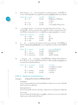 37.     Many people 37 their self-esteem on external factors... ประโยคนี้หมาย
                                                                   ความว่า คนส่วนใหญ่จะมีความภาคภูมใจในตนเองโดย 37 (ยึดถือ) ปัจจัยภายนอกเป็นหลัก
                                                                                                   ิ
                                                                   คำตอบ ข้อ 3 base               หมายถึง       ยึดเป็นหลัก
106                                                                        ข้อ 1 fix              หมายถึง       ยึดให้ติดแน่น ทำให้ติดแน่น
                                                                                                                เกาะแน่น
                                                                           ข้อ 2 put              หมายถึง       วาง ใส่
                                                                           ข้อ 4 rest             หมายถึง       วางบน หยุดนิ่ง พักผ่อนเอาแรง

                                                           38      ... on external factors – on how they look, what they have, how they 38
                                                                   ในประโยคนี้มี - หลังคำว่า external factors เพื่อเป็นการอธิบาย external factors คือ
                                                                   อะไร ซึ่งได้แก่ ลักษณะหน้าตาท่าทาง การปฏิบัติตัว และ 38 (การกระทำ) ต่าง ๆ ของเขา
                                                                   คำตอบ ข้อ 2 perform               หมายถึง            ทำ
                                                                             ข้อ 1 hope              หมายถึง            หวัง
                                                                             ข้อ 3 improve           หมายถึง            ปรับปรุง
                                                                             ข้อ 4 feel              หมายถึง            รู้สึก
                                                           39.     In       39 , however, self-esteem comes from knowing, ...ประโยคนี้ต้องการ
                                                                   อธิบายว่า 39 (ตามความเป็นจริงแล้ว) ความภาคภูมิใจในตนเองเกิดจากอะไรหรือมีขึ้นได้
                                                                   อย่างไร
                                                                   คำตอบ ข้อ 3 reality               หมายถึง            ตามความเป็นจริงแล้ว
                                                                             ข้อ 1 turn              หมายถึง            จึงมีผลให้ จึงทําให้
                                                                             ข้อ 2 general           หมายถึง            โดยทั่วไป
                                                                             ข้อ 4 conclusion        หมายถึง            สรุปได้ว่า โดยสรุป

                                                           40      ... knowing, 40 , and liking ...ประโยคนี้เป็นข้อความต่อเนื่อง เป็นประโยคต่อจาก
                                                                   ข้อ 39 ซึ่งกล่าวว่า ความภาคภูมิใจในตนเองเกิดจากการที่ตนเองรู้ 40 (การยอมรับ) และ
                                                                   ความชอบในความเป็นตัวตนของตัวเอง
                                                                   คำตอบ ข้อ 4 accepting             หมายถึง        การยอมรับ
                                                                             ข้อ 1 caring            หมายถึง        การเอาใจใส่ ความห่วงใย
                                                                                                                    ความเอื้ออาทร
                                                                             ข้อ 2 wanting           หมายถึง        ความต้องการ
 คู่ มื อ เ ต รี ย ม ส อ บ O - N E T ม. 6, G A T / P A T




                                                                             ข้อ 3 praising          หมายถึง        การยกย่อง
                                                           PART 2: Reading comprehension
                                                           Passage 1       เป็นข้อมูลเกี่ยวกับภัตตาคารที่ดีที่สุดในซิดนีย์
                                                                 Alhambra
                                                                 ขายอาหารสเปนและมีระบำฟลาเมนโกแสดงให้ชมด้วย เปิดขายอาหารกลางวัน วันจันทร์ถึง
                                                                 วันศุกร์ และขายอาหารเย็นทุกวัน
                                                                 Darling Pavilion
                                                                 ขายอาหารออสเตรเลีย มีบรรยากาศชายทะเล เปิดขายอาหารกลางวันและอาหารเย็นทุกวัน
                                                                 Ram & Rain
                                                                 ขายอาหารไทยแท้ มีรำไทยให้ดู มีร้านกาแฟอยู่ชั้นบน เปิดขายอาหารกลางวัน วันอังคารถึง
                                                                 วันศุกร์ และอาหารเย็น วันอังคารถึงวันเสาร์
 