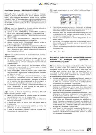 05 
Analista de Sistemas – CONFECON (10/2007) 
Orientações: Para as questões seguintes considere a instalação 
padrão do Windows XP Professional, Versão 2002 em português 
Brasil e a sua respectiva aplicação do Service Pack 2. Considere 
unidade de disco “C:” como a unidade onde foi instalado o Sistema 
Operacional. Considere a instalação padrão do Office Professional, 
versão 2003, no idioma português Brasil e a respectiva aplicação 
do Service Pack 1. 
25) Para inserir um diagrama no formato pirâmide utilizando o 
Microsoft Word devo utilizar os seguintes passos: 
a) Acessar o menu FERRAMENTAS / DIAGRAMAS, escolher a 
opção NOVO DIAGRAMA DE PIRÂMIDE e clicar no botão OK. 
b) Acessar o menu FERRAMENTAS / DIAGRAMAS / DIAGRAMAS 
DE PIRÂMIDE. 
c) Acessar o menu INSERIR / IMAGENS / DIAGRAMA, escolher o 
tipo de diagrama pirâmide e clicar no botão OK. 
d) Acessar o menu INSERIR / DIAGRAMAS, escolher o tipo de 
diagrama pirâmide e clicar no botão OK. 
e) O Microsoft Word não possui este recurso automatizado, caso 
necessite de um diagrama em formato pirâmide, a forma mais 
fácil é desenhar a figura usando a barra de ferramentas de 
desenho do próprio Word. 
26) Com base no funcionamento do Outlook Express 6, assinale a 
afirmativa correta. 
a) Uma mensagem redigida e ainda não enviada, que for salva 
na pasta “rascunhos” só poderá ser enviada para os 
destinatários que já estavam endereçados no momento em 
que ela foi salva. 
b) Ao responder para o remetente, uma mensagem recebida 
como arquivo anexo, esta não terá mais o arquivo em anexo, 
a menos que seja anexada novamente. 
c) Tanto as mensagens criadas no formato “HTML” como “texto 
sem formatação” podem conter imagens de fundo, chamadas 
de “papel de parede”. 
d) Ao compor uma mensagem para vários destinatários, se todos 
os endereços e-mail forem escritos no campo “CCO” (com 
cópia oculta), todos que receberam a mensagem só poderão 
ver o endereço dos demais destinatários da mensagem se 
tiverem sido cadastrados previamente na mala direta. 
e) A utilização da opção “solicitar confirmação de entrega” no 
menu “ferramentas” é uma garantia de que todos os 
destinatários receberão a mensagem. 
27) A respeito da Área de Transferência utilizada no “Microsoft 
Office”, assinale a afirmativa correta. 
a) Existe um número máximo de itens que podem ser coletados 
ao mesmo tempo pela área de transferência. 
b) O item coletado no Microsoft Word não pode ser utilizado no 
Microsoft PowerPoint. 
c) O pacote do Office, na versão 2003, não possui área de 
transferência. 
d) Após colar um item recentemente coletado, o mesmo não 
permanece na área de transferência. 
e) A área de transferência também pode ser utilizada para 
manipulação de arquivos inteiros. 
28) A opção congelar painéis do menu “JANELA” no Microsoft Excel é 
utilizada para: 
a) Travar células para que as mesmas não possam ser editadas 
acidentalmente, pois são títulos de estrutura fundamental da 
tabela e não pode ser editado por qualquer usuário. 
b) Selecionar dados que permanecem visíveis quando você rola 
em uma planilha. Por exemplo, mantendo rótulos de linha e 
coluna visíveis enquanto você rola. 
c) Trabalhar com vários painéis ao mesmo tempo dentro de uma 
mesma planilha. 
d) Retirar toda a formatação que estiver sendo aplicada em um 
determinado painel, deixando apenas o essencial como 
negrito ou sublinhado. 
e) Construir painel de visualização vertical sem precisar mesclar 
células para isso. 
25.D 26.B 27.A 28.B 
Assistente II (Infra-Estrutura, superior) APEX- Agência 
Brasileira de Promoção de Exportações e 
Investimentos (10/2006) 
29) Como uma nova tecnologia de conectividade sem fio, a Bluetooth 
elimina os cabos usados para conectar os dispositivos digitais. 
Baseada em um link de rádio de curto alcance e baixo custo, essa 
tecnologia pode conectar vários tipos de dispositivos sem a 
necessidade de cabos, proporcionando uma maior liberdade de 
movimento. Como é possível estabelecer uma conexão usando a 
tecnologia Bluetooth entre 2 dispositivos? 
a) Conectar os 2 dispositivos equipados com Bluetooth usando um 
cabeamento USB. E, como a tecnologia Bluetooth utiliza um link 
de rádio, não é necessário sequer mexer na configuração dos 
equipamentos para estabelecer a comunicação. 
b) Basta colocar dois dispositivos equipados com Bluetooth a uma 
distância de até 500 metros um do outro. Como a tecnologia 
Bluetooth utiliza um link de rádio, é necessária uma conexão em 
linha de visada para estabelecer a comunicação. 
c) Basta colocar dois dispositivos equipados com Bluetooth a uma 
distância de até 10 metros um do outro. E, como a tecnologia 
Bluetooth utiliza um link de rádio, não é necessária sequer uma 
conexão em linha de visada para estabelecer a comunicação. 
d) Basta colocar dois dispositivos equipados com Bluetooth em 
“docas” chamadas de adaptadores Bluetooth uma distância de 
até 100 metros um do outro. Como a tecnologia Bluetooth utiliza 
um link de rádio, não é necessária sequer uma conexão em linha 
de visada para estabelecer a comunicação. 
e) Basta “plugar” os dois dispositivos equipados com Bluetooth um 
no outro, usando adaptadores especiais Bluetooth. Após 
conectados, não é necessário uma conexão em linha de visada 
para estabelecer a comunicação. 
Prof. Jorge Fernando - Informática Focada. 
 