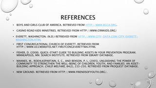 REFERENCES
• BOYS AND GIRLS CLUB OF AMERICA. RETRIEVED FROM HTTP://WWW.BGCA.ORG.
• CASINO ROAD KIDS MINISTRIES. RETRIEVED FROM HTTP://WWW.CRMKIDS.ORG/
• EVERETT, WASHINGTON. (N.D.) RETRIEVED FROM HTTP://WWW.CITY-DATA.COM/CITY/EVERETT-
WASHINGTON.HTML
• FIRST CONGREGATIONAL CHURCH OF EVERETT. RETRIEVED FROM
HTTP://WWW.UCCWEBSITES.NET/FIRSTCONGEVERETTWA.HTML
• FISHER, D. (2008). QUICK-START GUIDE TO BUILDING ASSETS IN YOUR PREVENTION PROGRAM.
MINNEAPOLIS, MN: SEARCH INSTITUTE. RETRIEVED FROM EBRARY DATABASE.
• MANNES, M., ROEHLKEPARTAIN, E. C., AND BENSON, P. L. (2005). UNLEASHING THE POWER OF
COMMUNITY TO STRENGTHEN THE WELL-BEING OF CHILDREN, YOUTH, AND FAMILIES: AN ASSET-
BUILDING APPROACH. CHILD WELFARE, 84(2), 233-250. RETRIEVED FROM PROQUEST DATABASE.
• NEW GROUND. RETRIEVED FROM HTTP://WWW.FRIENDSOFYOUTH.ORG/.
 