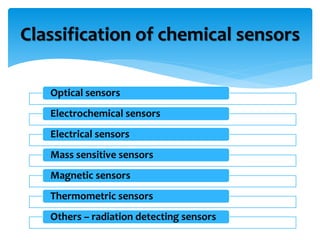 Classification of chemical sensors
Optical sensors
Electrochemical sensors
Electrical sensors
Mass sensitive sensors
Magnetic sensors
Thermometric sensors
Others – radiation detecting sensors
 