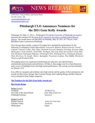CONTACT: Vincent Myers and Surrae Shotts
412-281-2234 x 106
vmyers@pittsburghclo.org
sshots@pittsburghclo.org
Pittsburgh CLO Announces Nominees for
the 2011 Gene Kelly Awards
Pittsburgh, PA (May 11, 2011)…Pittsburgh CLO and the University of Pittsburgh are proud to
announce the nominees for the Gene Kelly Awards for Excellence in High School Musical
Theater. The awards show will take place on Saturday, May 28, 2011, at 7:30 p.m. at the
Benedum Center in downtown Pittsburgh.
Over the past three months, a panel of 36 judges have attended the performances by the
following 29 Allegheny County high schools: Avonworth, Baldwin, Bishop Canevin, Central
Catholic, Chartiers Valley, Deer Lakes, Elizabeth Forward, Hampton Township, Keystone Oaks,
McKeesport, North Catholic, North Hills, Northgate, Our Lady of the Sacred Heart, Penn Hills,
Pine-Richland, Pittsburgh Allderdice, Pittsburgh CAPA, Pittsburgh Perry, Pittsburgh Schenley,
Plum, Riverview, St. Joseph, Shaler, Springdale, Vincentian Academy, West Mifflin, Winchester
Thurston and Woodland Hills.
The judging panel was comprised of performing arts educators, arts administrators,
entertainment professionals and performers. On May 6, these judges met for a final discussion
and a review of highlights from each high school performance. The scoring was then tabulated
by Deloitte, LLP.
In an effort to recognize and celebrate more high schools and the quality of their productions, the
awards for Best Scenic Design, Best Costume Design, Best Lighting Design and Best Musical
were evaluated in three budget categories.
The Nominees for the 2011 Gene Kelly Awards are:
Best Scenic Design
Budget Level I
Northgate All Shook Up
Our Lady of the Sacred Heart Little Shop of Horrors
Pittsburgh Schenley Seussical
Budget Level II
Bishop Canevin Annie Get Your Gun
Chartiers Valley Footloose
McKeesport Pippin
 