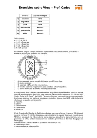 Exercícios sobre Vírus – Prof. Carlos




Estão corretas:
a) 1, 2, 3, 4, 5 e 6
b) 1, 4, 5 e 6 apenas
c) 2, 3, 4 e 5 apenas
d) 1, 3, 5 e 6 apenas
e) 2, 3 e 6 apenas

80 - Observe a figura a seguir, onde está representado, esquematicamente, o vírus HIV e
analise as proposições quanto à sua correção.




(   ) A - corresponde a uma camada lipídica do envoltório do vírus.
(   ) B - indica o núcleo.
(   ) C - assinala o DNA envolto por proteínas.
(   ) D - mostra proteínas responsáveis pela adesão à célula hospedeira.
(   ) E - indica moléculas da enzima transcriptase reversa.

81 - Segundo o IBGE, por falta de investimentos do governo em saneamento básico, o volume
de água sem tratamento distribuído para consumo da população aumentou 191,3% em 2001
(Fonte: "Folha de S. Paulo", 9/4/2002). Tal quadro favorece o aumento de risco para aquisição
de diversas doenças por parte da população. Assinale a doença que NÃO está diretamente
relacionada ao quadro acima descrito:
a) Hepatite.
b) Cólera.
c) Gastroenterite.
d) Febre tifóide.
e) Hidrofobia.

82 - A Organização Mundial de Saúde tem alertado que, nos próximos 20 anos, a AIDS deverá
causar a morte de 70 milhões de pessoas, aproximadamente. Apesar do grande impacto que a
AIDS tem provocado na vida moderna, outras doenças sexualmente transmissíveis, como a
gonorréia e a sífilis, também necessitam de cuidados preventivos e de mais divulgação de
informações.
Pode-se afirmar CORRETAMENTE que essas três doenças são:
a) causadas por vírus.
b) transmissíveis de mãe para filho.
 