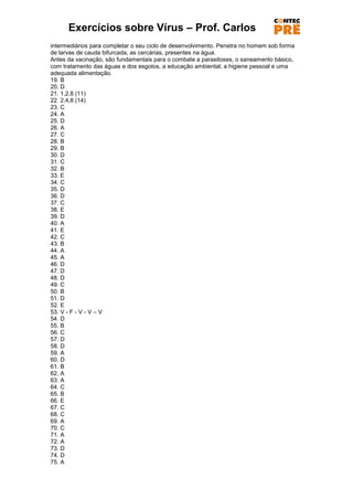 Exercícios sobre Vírus – Prof. Carlos
intermediários para completar o seu ciclo de desenvolvimento. Penetra no homem sob forma
de larvas de cauda bifurcada, as cercárias, presentes na água.
Antes da vacinação, são fundamentais para o combate a parasitoses, o saneamento básico,
com tratamento das águas e dos esgotos, a educação ambiental, a higiene pessoal e uma
adequada alimentação.
19. B
20. D
21. 1,2,8 (11)
22. 2,4,8 (14)
23. C
24. A
25. D
26. A
27. C
28. B
29. B
30. D
31. C
32. B
33. E
34. C
35. D
36. D
37. C
38. E
39. D
40. A
41. E
42. C
43. B
44. A
45. A
46. D
47. D
48. D
49. C
50. B
51. D
52. E
53. V - F - V - V – V
54. D
55. B
56. C
57. D
58. D
59. A
60. D
61. B
62. A
63. A
64. C
65. B
66. E
67. C
68. C
69. A
70. C
71. A
72. A
73. D
74. D
75. A
 