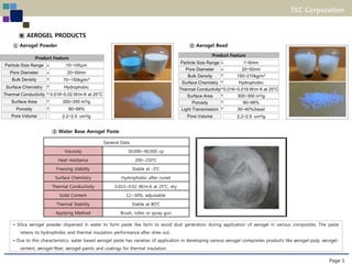 Page 1
TEC Corporation
▣ AEROGEL PRODUCTS
① Aerogel Powder ② Aerogel Bead
③ Water Base Aerogel Paste
General Data
Viscosity 30,000~40,000 cp
Heat resistance 200~250℃
Freezing stability Stable at -3℃
Surface Chemistry Hydrophobic after cured
Thermal Conductivity 0.015~0.02 W/m.K at 25℃, dry
Solid Content 12~30%, adjustable
Thermal Stability Stable at 80℃
Applying Method Brush, roller or spray gun
Surface Area
Particle Size Range
Pore Diameter
Bulk Density
Surface Chemistry
Thermal Conductivity
10~100μm
70~150kg/m3
20~50nm
Porosity 90~99%
Hydrophobic
300~350 m2/g
0.018~0.02 W/m K at 25°C
Product Feature
Pore Volume 2.2~2.5 cm³/g
Surface Area
Particle Size Range
Pore Diameter
Bulk Density
Surface Chemistry
Thermal Conductivity
1~6mm
150~210kg/m3
20~50nm
Light Transmission
Porosity
30~40%/bead
90~99%
Hydrophobic
300~350 m2/g
0.016~0.019 W/m K at 25°C
Product Feature
Pore Volume 2.2~2.5 cm³/g
• Silica aerogel powder dispersed in water to form paste like form to avoid dust generation during application of aerogel in various composites. The paste
retains its hydrophobic and thermal insulation performance after dries out.
• Due to this characteristics, water based aerogel paste has varieties of application in developing various aerogel composites products like aerogel-pulp, aerogel-
cement, aerogel-fiber, aerogel-paints and coatings for thermal insulation
 