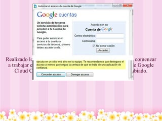                 Realizado los pasos anteriores ya todo está preparado para comenzar a trabajar en el documento, pues ahora la barra de barra de Google Cloud Connect que aparece en Microsoft Office a cambiado. 