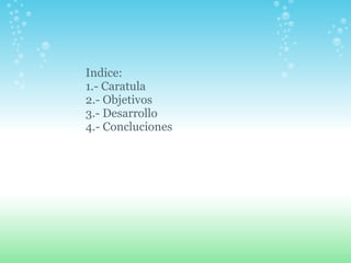 Indice: 1.- Caratula 2.- Objetivos 3.- Desarrollo 4.- Concluciones 