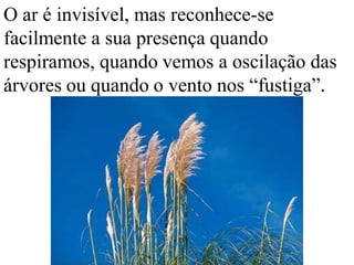 O ar é invisível, mas reconhece-se
facilmente a sua presença quando
respiramos, quando vemos a oscilação das
árvores ou quando o vento nos ―fustiga‖.
 