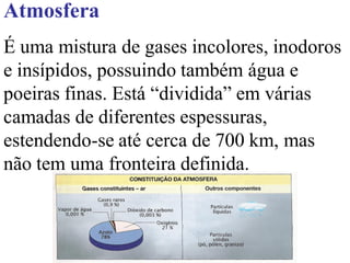 Atmosfera
É uma mistura de gases incolores, inodoros
e insípidos, possuindo também água e
poeiras finas. Está ―dividida‖ em várias
camadas de diferentes espessuras,
estendendo-se até cerca de 700 km, mas
não tem uma fronteira definida.
 