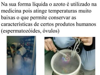 Na sua forma líquida o azoto é utilizado na
medicina pois atinge temperaturas muito
baixas o que permite conservar as
características de certos produtos humanos
(espermatozóides, óvulos)
 