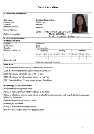 Curriculum Vitae
A. Individual information
Full name: Bùi Xuân Hoàng Uyên
Date of birth: 17/03/1982
Gender: Female
Marital Situation:
Home Address:
Married
29/36 TL47 street, Thanh Loc ward, District 12, HoChiMinh City
Telephone number: Mobile: 0909315244
Email: hoanguyend01@yahoo.com
B. Present employment
Professional skill
Degree: Pharmacist
Graduation: 2006
Faculty: Pharmaceutics
English proficiency
Computer skill
Advanced Microsoft Program
Education:
2006: Graduated from University of Medicine & Pharmacy.
2005: Lecture Presentation “Lactobacillus in gastric juice”
2000: Graduated from High school Vo Thi Sau
1995: Graduated from Secondary school Ha Huy Tap
1991 Graduated from Primary school Nguyen Dinh Chieu
Knowledge, Skills, and Abilities
Excellent time management skills
Ability to work with PC and Microsoft suite of products
Ability to effectively communicate with all levels of the organization as well as with all divisions/groups
within the organization
Good writing and summarization skills
Encourages teamwork
Ability to motivate others to get results
Effective presentation and public speaking skills
1
Reading Writing Speaking
Excellent Good Fair Excellent Good Fair Excellent Good Fair
x x x
 