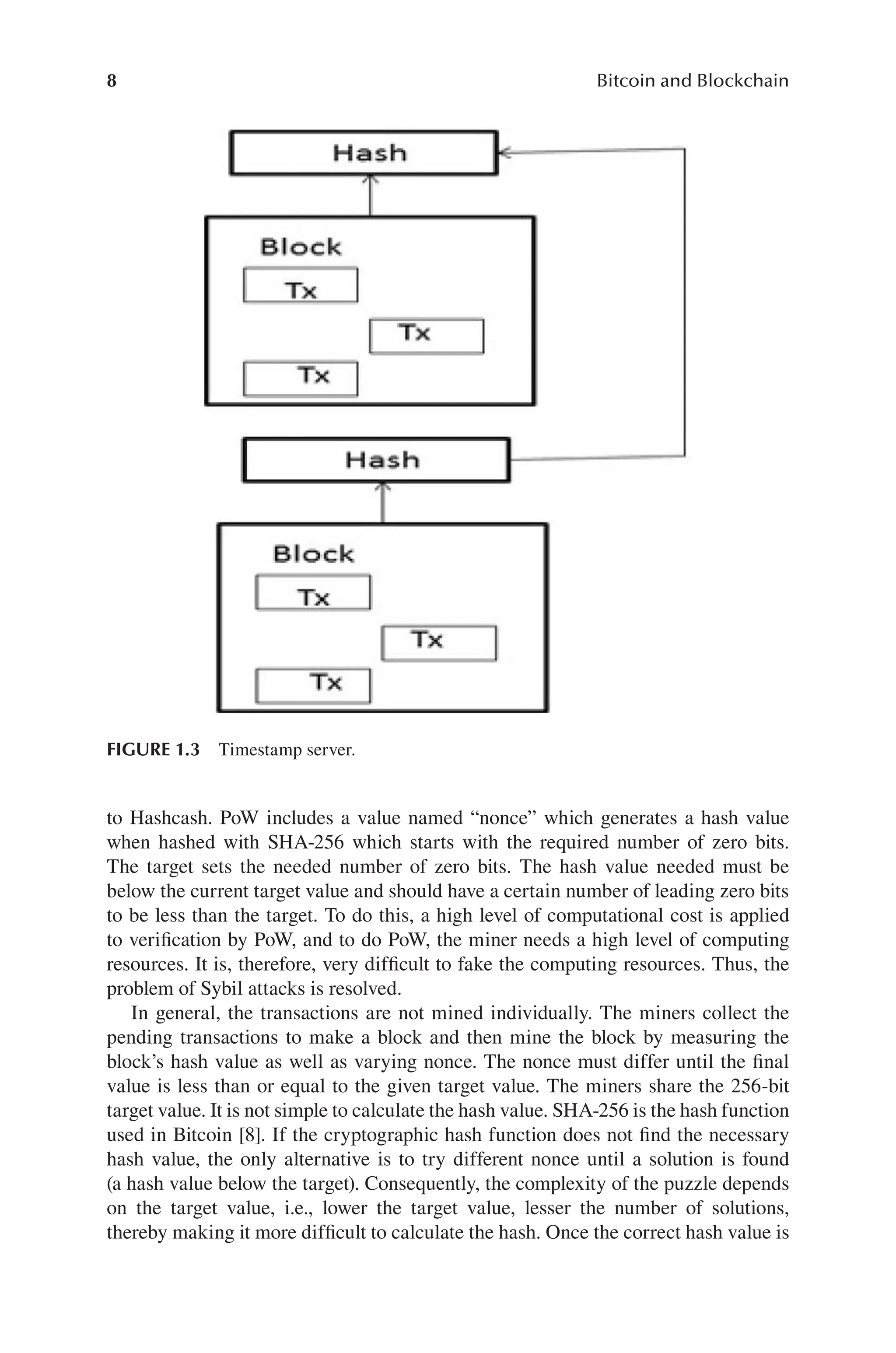 8 Bitcoin and Blockchain
FIGURE 1.3 Timestamp server.
to Hashcash. PoW includes a value named “nonce” which generates a hash value
when hashed with SHA-256 which starts with the required number of zero bits.
The target sets the needed number of zero bits. The hash value needed must be
below the current target value and should have a certain number of leading zero bits
to be less than the target. To do this, a high level of computational cost is applied
to verification by PoW, and to do PoW, the miner needs a high level of computing
resources. It is, therefore, very difficult to fake the computing resources. Thus, the
problem of Sybil attacks is resolved.
In general, the transactions are not mined individually. The miners collect the
pending transactions to make a block and then mine the block by measuring the
block’s hash value as well as varying nonce. The nonce must differ until the final
value is less than or equal to the given target value. The miners share the 256-bit
target value. It is not simple to calculate the hash value. SHA-256 is the hash function
used in Bitcoin [8]. If the cryptographic hash function does not find the necessary
hash value, the only alternative is to try different nonce until a solution is found
(a hash value below the target). Consequently, the complexity of the puzzle depends
on the target value, i.e., lower the target value, lesser the number of solutions,
thereby making it more difficult to calculate the hash. Once the correct hash value is
 