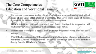 The Core Competencies -
Education and Vocational Training
8
• The two core competences, further education/training and vocational training, deal with all
issues of the value added chain of a company. They cover many areas of business
organisation for industry, administration and health management.
• REFA trainings are designed, systemized and further developed in cooperation with
practitioners as well as representatives of science and tariff parties.
• Trainers need to complete a special train-the-trainer programme before they can hold a
trainings.
• With REFA International, the REFA Association also offers further education and consulting
worldwide. Activities “without borders” are carried out through certified local partners or
directly from the REFA base in Germany.
Training for Added Value – REFA in Egypt
 