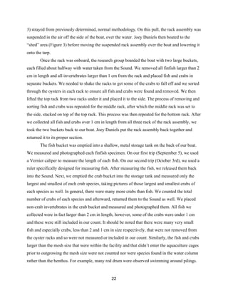 22
3) strayed from previously determined, normal methodology. On this pull, the rack assembly was
suspended in the air off the side of the boat, over the water. Joey Daniels then boated to the
“shed” area (Figure 3) before moving the suspended rack assembly over the boat and lowering it
onto the tarp.
Once the rack was onboard, the research group boarded the boat with two large buckets,
each filled about halfway with water taken from the Sound. We removed all finfish larger than 2
cm in length and all invertebrates larger than 1 cm from the rack and placed fish and crabs in
separate buckets. We needed to shake the racks to get some of the crabs to fall off and we sorted
through the oysters in each rack to ensure all fish and crabs were found and removed. We then
lifted the top rack from two racks under it and placed it to the side. The process of removing and
sorting fish and crabs was repeated for the middle rack, after which the middle rack was set to
the side, stacked on top of the top rack. This process was then repeated for the bottom rack. After
we collected all fish and crabs over 1 cm in length from all three rack of the rack assembly, we
took the two buckets back to our boat. Joey Daniels put the rack assembly back together and
returned it to its proper section.
The fish bucket was emptied into a shallow, metal storage tank on the back of our boat.
We measured and photographed each finfish specimen. On our first trip (September 5), we used
a Vernier caliper to measure the length of each fish. On our second trip (October 3rd), we used a
ruler specifically designed for measuring fish. After measuring the fish, we released them back
into the Sound. Next, we emptied the crab bucket into the storage tank and measured only the
largest and smallest of each crab species, taking pictures of those largest and smallest crabs of
each species as well. In general, there were many more crabs than fish. We counted the total
number of crabs of each species and afterward, returned them to the Sound as well. We placed
non-crab invertebrates in the crab bucket and measured and photographed them. All fish we
collected were in fact larger than 2 cm in length, however, some of the crabs were under 1 cm
and these were still included in our count. It should be noted that there were many very small
fish and especially crabs, less than 2 and 1 cm in size respectively, that were not removed from
the oyster racks and so were not measured or included in our count. Similarly, the fish and crabs
larger than the mesh size that were within the facility and that didn’t enter the aquaculture cages
prior to outgrowing the mesh size were not counted nor were species found in the water column
rather than the benthos. For example, many red drum were observed swimming around pilings.
 