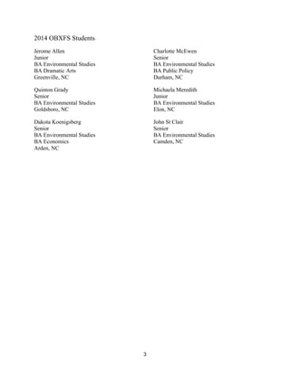 3
2014 OBXFS Students
Jerome Allen
Junior
BA Environmental Studies
BA Dramatic Arts
Greenville, NC
Quinton Grady
Senior
BA Environmental Studies
Goldsboro, NC
Dakota Koenigsberg
Senior
BA Environmental Studies
BA Economics
Arden, NC
Charlotte McEwen
Senior
BA Environmental Studies
BA Public Policy
Durham, NC
Michaela Meredith
Junior
BA Environmental Studies
Elon, NC
John St Clair
Senior
BA Environmental Studies
Camden, NC
 