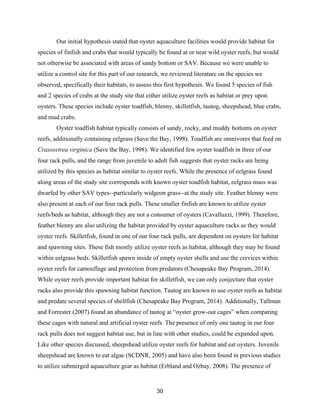 30
Our initial hypothesis stated that oyster aquaculture facilities would provide habitat for
species of finfish and crabs that would typically be found at or near wild oyster reefs, but would
not otherwise be associated with areas of sandy bottom or SAV. Because we were unable to
utilize a control site for this part of our research, we reviewed literature on the species we
observed, specifically their habitats, to assess this first hypothesis. We found 5 species of fish
and 2 species of crabs at the study site that either utilize oyster reefs as habitat or prey upon
oysters. These species include oyster toadfish, blenny, skilletfish, tautog, sheepshead, blue crabs,
and mud crabs.
Oyster toadfish habitat typically consists of sandy, rocky, and muddy bottoms on oyster
reefs, additionally containing eelgrass (Save the Bay, 1998). Toadfish are omnivores that feed on
Crassostrea virginica (Save the Bay, 1998). We identified few oyster toadfish in three of our
four rack pulls, and the range from juvenile to adult fish suggests that oyster racks are being
utilized by this species as habitat similar to oyster reefs. While the presence of eelgrass found
along areas of the study site corresponds with known oyster toadfish habitat, eelgrass mass was
dwarfed by other SAV types--particularly widgeon grass--at the study site. Feather blenny were
also present at each of our four rack pulls. These smaller finfish are known to utilize oyster
reefs/beds as habitat, although they are not a consumer of oysters (Cavalluzzi, 1999). Therefore,
feather blenny are also utilizing the habitat provided by oyster aquaculture racks as they would
oyster reefs. Skilletfish, found in one of our four rack pulls, are dependent on oysters for habitat
and spawning sites. These fish mostly utilize oyster reefs as habitat, although they may be found
within eelgrass beds. Skilletfish spawn inside of empty oyster shells and use the crevices within
oyster reefs for camouflage and protection from predators (Chesapeake Bay Program, 2014).
While oyster reefs provide important habitat for skilletfish, we can only conjecture that oyster
racks also provide this spawning habitat function. Tautog are known to use oyster reefs as habitat
and predate several species of shellfish (Chesapeake Bay Program, 2014). Additionally, Tallman
and Forrester (2007) found an abundance of tautog at “oyster grow-out cages” when comparing
these cages with natural and artificial oyster reefs. The presence of only one tautog in our four
rack pulls does not suggest habitat use, but in line with other studies, could be expanded upon.
Like other species discussed, sheepshead utilize oyster reefs for habitat and eat oysters. Juvenile
sheepshead are known to eat algae (SCDNR, 2005) and have also been found in previous studies
to utilize submerged aquaculture gear as habitat (Erbland and Ozbay, 2008). The presence of
 