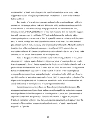 31
sheepshead in 3 of 4 rack pulls, along with the identification of algae on the oyster racks,
suggests both oysters and algae as possible drivers for sheephead to utilize oyster racks for
habitat and food.
Two species of invertebrates--blue crabs and mud crabs--were found to vary widely in
number and size amongst all four rack pulls. Blue crabs utilize soft-bottom and seagrass beds
within estuaries as habitat and scavenge many species of fish and invertebrates for food,
including oysters. (NOAA, 2012) The size of blue crabs measured from our rack pulls suggests
that adult blue crabs may live within the SAV and sandy bottom at the study site, taking
advantage of oyster racks as a source of food. It is possible that these crabs were utilizing oyster
racks as habitat, although blue crabs do not usually live on oyster reefs. Mud crabs were also
present in all four rack pulls, displaying large counts relative to blue crabs. Mud crabs are known
to exist within wild oyster beds and prey upon oysters (Sweat, 2009), although they are
scavengers/omnivores. We cannot extrapolate the presence of mud crabs to a use of oyster racks
as habitat, so it is unclear how mud crabs are utilizing this area.
Some of the species we found utilize the oyster racks directly, as habitat or food, while
others may prey on those species. In this way, the second group of organisms does not benefit
from the oyster racks directly, but the aquaculture facility does provide indirect benefits such as a
predictably located food source. As an example from our study, the aquaculture facility provides
both a direct and indirect food source to oyster toadfish. While the oyster toadfish prey on
oysters and use oyster reefs and racks as habitat, they also eat mud crabs, which were found in
very high numbers in some of the oyster racks (Sweat, 2009). A more complete evaluation of the
trophic relationships between the fish and crabs we observed would be desirable to inform the
quality and quantity of habitat provided by oyster aquaculture facilities.
Concerning our second hypothesis, our data only supports one of the two parts. The
component that is supported by the linear and exponentials model is the notion that with more
time elapsed since the initial deployment of farmed oyster racks, there are a greater number of
organisms found within the oyster rack. However, our data fails to support the part of the
hypothesis stating that with more time elapsed, there are a greater number of species within the
oyster racks. No correlation between time elapsed and number of species was observed
(Appendix A Figure 1).
 