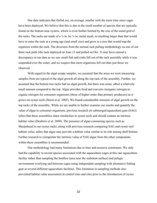 32
Our data indicates that finfish are, on average, smaller with the more time since cages
have been deployed. We believe that this is due to the small number of species that are typically
found on the bottom near oysters, which is even further limited by the size of the metal grid of
the racks. The racks are made of a ¾ in. by ¾ in. metal mesh, so anything larger than that would
have to enter the rack at a young age (and small size) and grow to a size that would trap the
organism within the rack. The diversion from the normal rack pulling methodology on one of our
three rack pulls (the rack deployed on June 13 and pulled on Oct. 3) may have caused a
discrepancy in our data as we saw small fish and crabs fall out of the rack assembly while it was
suspended over the water, and we suspect that more organisms fell out than just those we
observed.
With regard to the algal scrape samples, we assumed that the areas we were measuring
samples from are typical of the algal growth all along the top rack of the assembly. Further, we
assumed that the bottom two racks had no algal growth, but there was some, albeit a relatively
small amount compared to the top. Algae provides food and converts inorganic nitrogen to
organic nitrogen for consumer organisms (those of higher order than primary producers) as it
grows on oyster reefs (Street et al. 2005). We found considerable amounts of algal growth on the
top racks of the assembly. While we are unable to further examine our results and quantify the
value of algae to consumer organisms, previous research on submerged aquaculture gear (SAG)
infers that these assemblies share similarities to oyster reefs and should contain an intrinsic
habitat value (Dealteris et al. 2004). The presence of algae-consuming species such as
Sheepshead in our oyster racks, along with previous research comparing SAG and oyster reef
habitat value, infers that algae may provide a habitat value similar to its role among shell bottom.
Further research to extrapolate the intrinsic value of SAG algae from the other components
within these assemblies is recommended.
Our methodology had many limitations due to time and resource constraints. We only
had the capability to record species associated with the aquaculture cages at this one aquaculture
facility rather than sampling the benthos (area near the sediment surface) and pelagic
environment overlying and between cages using independent sampling with alternative fishing
gear at several different aquaculture facilities. This limitation in sampling methods also
prevented habitat value assessment at control sites and sites prior to the introduction of oyster
 