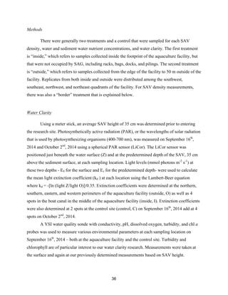 36
Methods
There were generally two treatments and a control that were sampled for each SAV
density, water and sediment water nutrient concentrations, and water clarity. The first treatment
is “inside,” which refers to samples collected inside the footprint of the aquaculture facility, but
that were not occupied by SAG, including racks, bags, docks, and pilings. The second treatment
is “outside,” which refers to samples collected from the edge of the facility to 50 m outside of the
facility. Replicates from both inside and outside were distributed among the southwest,
southeast, northwest, and northeast quadrants of the facility. For SAV density measurements,
there was also a “border” treatment that is explained below.
Water Clarity
Using a meter stick, an average SAV height of 35 cm was determined prior to entering
the research site. Photosynthetically active radiation (PAR), or the wavelengths of solar radiation
that is used by photosynthesizing organisms (400-700 nm), was measured on September 16th
,
2014 and October 2nd
, 2014 using a spherical PAR sensor (LiCor). The LiCor sensor was
positioned just beneath the water surface (Z) and at the predetermined depth of the SAV, 35 cm
above the sediment surface, at each sampling location. Light levels (mmol photons m-2
s-1
) at
these two depths - E0 for the surface and Ez for the predetermined depth- were used to calculate
the mean light extinction coefficient (kd ) at each location using the Lambert-Beer equation
where kd = -[ln (light Z/light O)]/0.35. Extinction coefficients were determined at the northern,
southern, eastern, and western perimeters of the aquaculture facility (outside, O) as well as 4
spots in the boat canal in the middle of the aquaculture facility (inside, I). Extinction coefficients
were also determined at 2 spots at the control site (control, C) on September 16th
, 2014 add at 4
spots on October 2nd
, 2014.
A YSI water quality sonde with conductivity, pH, dissolved oxygen, turbidity, and chl a
probes was used to measure various environmental parameters at each sampling location on
September 16th
, 2014 – both at the aquaculture facility and the control site. Turbidity and
chlorophyll are of particular interest to our water clarity research. Measurements were taken at
the surface and again at our previously determined measurements based on SAV height.
 