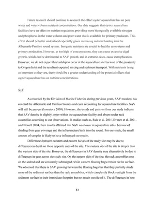 51
Future research should continue to research the effect oyster aquaculture has on pore
water and water column nutrient concentrations. Our data suggests that oyster aquaculture
facilities have an effect on nutrient regulation, providing more biologically available nitrogen
and phosphorus in the water column and pore water that is available for primary producers. This
effect should be better understood especially given increasing nutrient loading into the
Albemarle-Pamlico sound system. Inorganic nutrients are crucial to healthy ecosystems and
primary production. However, at too high of concentrations, they can cause excessive algal
growth, which can be detrimental to SAV growth, and in extreme cases, cause eutrophication.
However, we do not expect this buildup to occur at the aquaculture site because of the proximity
to Oregon Inlet and the resultant expected mixing and sediment transport. With nutrients being
as important as they are, there should be a greater understanding of the potential effects that
oyster aquaculture has on nutrient concentrations.
SAV
As recorded by the Division of Marine Fisheries during previous years, SAV meadow has
covered the Albemarle and Pamlico Sounds and even accounting for aquaculture facilities, SAV
will still be present (Inventory 2008). However, the trends and patterns from our study indicate
that SAV density is slightly lower within the aquaculture facility and absent under rack
assemblies according to our observations. In studies such as, Ruiz et al. 2001, Everett et al. 2001,
and Newell 2004, their results affirmed that SAV was lower in aquaculture sites, because of
shading from gear coverage and the infrastructure built into the sound. For our study, the small
amount of samples is likely to have influenced our results.
Differences between western and eastern halves of the study site may be due to
differences in depth on these opposite ends of the site. The eastern side of the site is deeper than
the western side of the site. However, the differences in SAV density may alternatively be due to
differences in gear across the study site. On the eastern side of the site, the rack assemblies rest
on the seabed and are constantly submerged, while western floating bags remain on the surface.
We observed that there is SAV growing between the floating bags but that they partially shade
more of the sediment surface than the rack assemblies, which completely block sunlight from the
sediment surface in their immediate footprint but not much outside of it. The differences in how
 