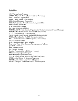 6
Definitions
ANOVA: Analysis of variance
APNEP: Albemarle-Pamlico National Estuary Partnership
CBP: Chesapeake Bay Program
CHPP: Coastal Habitat Protection Plan
CRC: Coastal Resources Commission
FMP: North Carolina Oyster Fisheries Management Plan
FRA: Fisheries Reform Act
ICW: Intracoastal waterway
Kd : Light extinction coefficient
NCDENR/DENR: North Carolina Department of the Environment and Natural Resources
NCDMF/DMF: North Carolina Division of Marine Fisheries
N.C.G.S: North Carolina General Statutes
NCMFC/MFC: North Carolina Marine Fisheries Commission
NCSGA: North Carolina Shellfish Growers Association
NOAA: National Oceanic and Atmospheric Administration
NWP: Nationwide Permit
PAR: Photosynthetically active radiation
Pore water: Water filling the spaces between grains of sediment
ppb: Parts per billion
ppm: Parts per million
ppt: Parts per thousand
Quadrat: A quadrant that is laid along a transect
SAG: Submerged aquaculture gear
SAV: Submerged aquatic vegetation
SCDNR: South Carolina Department of Natural Resources
UNEP: United Nations Environment Programme
USACE: United States Army Corps of Engineers
VSGMEP: Virginia Sea Grant Marine Extension Program
 