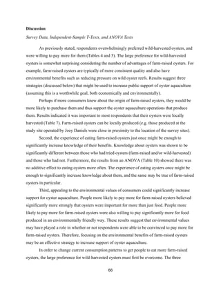 66
Discussion
Survey Data, Independent-Sample T-Tests, and ANOVA Tests
As previously stated, respondents overwhelmingly preferred wild-harvested oysters, and
were willing to pay more for them (Tables 4 and 5). The large preference for wild-harvested
oysters is somewhat surprising considering the number of advantages of farm-raised oysters. For
example, farm-raised oysters are typically of more consistent quality and also have
environmental benefits such as reducing pressure on wild oyster reefs. Results suggest three
strategies (discussed below) that might be used to increase public support of oyster aquaculture
(assuming this is a worthwhile goal, both economically and environmentally).
Perhaps if more consumers knew about the origin of farm-raised oysters, they would be
more likely to purchase them and thus support the oyster aquaculture operations that produce
them. Results indicated it was important to most respondents that their oysters were locally
harvested (Table 7). Farm-raised oysters can be locally produced (e.g. those produced at the
study site operated by Joey Daniels were close in proximity to the location of the survey sites).
Second, the experience of eating farm-raised oysters just once might be enough to
significantly increase knowledge of their benefits. Knowledge about oysters was shown to be
significantly different between those who had tried oysters (farm-raised and/or wild-harvested)
and those who had not. Furthermore, the results from an ANOVA (Table 10) showed there was
no additive effect to eating oysters more often. The experience of eating oysters once might be
enough to significantly increase knowledge about them, and the same may be true of farm-raised
oysters in particular.
Third, appealing to the environmental values of consumers could significantly increase
support for oyster aquaculture. People more likely to pay more for farm-raised oysters believed
significantly more strongly that oysters were important for more than just food. People more
likely to pay more for farm-raised oysters were also willing to pay significantly more for food
produced in an environmentally friendly way. These results suggest that environmental values
may have played a role in whether or not respondents were able to be convinced to pay more for
farm-raised oysters. Therefore, focusing on the environmental benefits of farm-raised oysters
may be an effective strategy to increase support of oyster aquaculture.
In order to change current consumption patterns to get people to eat more farm-raised
oysters, the large preference for wild-harvested oysters must first be overcome. The three
 