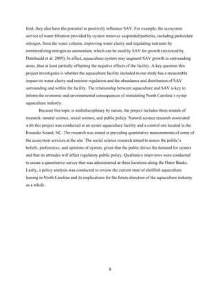 9
feed, they also have the potential to positively influence SAV. For example, the ecosystem
service of water filtration provided by oysters removes suspended particles, including particulate
nitrogen, from the water column, improving water clarity and regulating nutrients by
remineralizing nitrogen to ammonium, which can be used by SAV for growth (reviewed by
Dumbauld et al. 2009). In effect, aquaculture oysters may augment SAV growth in surrounding
areas, thus at least partially offsetting the negative effects of the facility. A key question this
project investigates is whether the aquaculture facility included in our study has a measurable
impact on water clarity and nutrient regulation and the abundance and distribution of SAV
surrounding and within the facility. The relationship between aquaculture and SAV is key to
inform the economic and environmental consequences of stimulating North Carolina’s oyster
aquaculture industry.
Because this topic is multidisciplinary by nature, the project includes three strands of
research: natural science, social science, and public policy. Natural science research associated
with this project was conducted at an oyster aquaculture facility and a control site located in the
Roanoke Sound, NC. The research was aimed at providing quantitative measurements of some of
the ecosystem services at the site. The social science research aimed to assess the public’s
beliefs, preferences, and opinions of oysters, given that the public drives the demand for oysters
and that its attitudes will affect regulatory public policy. Qualitative interviews were conducted
to create a quantitative survey that was administered at three locations along the Outer Banks.
Lastly, a policy analysis was conducted to review the current state of shellfish aquaculture
leasing in North Carolina and its implications for the future direction of the aquaculture industry
as a whole.
 