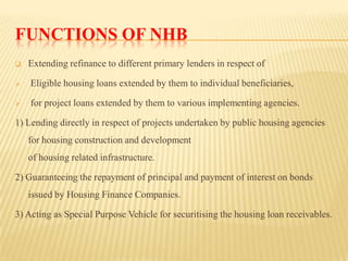 FUNCTIONS OF NHB


Extending refinance to different primary lenders in respect of



Eligible housing loans extended by them to individual beneficiaries,



for project loans extended by them to various implementing agencies.

1) Lending directly in respect of projects undertaken by public housing agencies
for housing construction and development
of housing related infrastructure.
2) Guaranteeing the repayment of principal and payment of interest on bonds
issued by Housing Finance Companies.
3) Acting as Special Purpose Vehicle for securitising the housing loan receivables.

 
