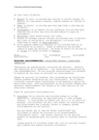 2 Resumen realizado por Isabel Saralegui.
El niño lanzó la pelota.
Agente: El niño. La entidad que realiza la acción. Aunque los
agentes son típicamente humanos, también pueden ser fuerzas no
humanas..
Tema: La pelota La entidad que está implicada o afectada por
la acción.
Instrumento: Si un agente utiliza cualquier otra entidad para
realizar una acción, esa otra entidad cumple el papel de
instrumento.
Ubicación: lugar donde ocurren las cosas.
Cuando un sintagma nominal designa una entidad como la persona
que tiene un sentimiento, una percepción o un estado está
cumpliendo el papel de experimentador.
Otros papeles semánticos designan si una entidad está en la
descripción de un evento. Donde se encuentra una entidad
cumple el papel de ubicación. De donde se mueve una entidad es
el origen y a dónde se mueve el destino.
Maria vio un mosquito en la pared
Experimentador tema Ubicación
RELACINES LEXICOSEMANTICAS / RELACIONES LÉXICAS / RELACIONES
SEMANTICAS
(Relaciones de significación, relaciones de sentido). Objetivo
más importante de la semántica. Son relaciones lingüísticas de
tipo paradigmáticas. En una relación caracterizamos las palabras
la mayoría de las veces en relación con otras palabras.
Además de analizar las palabras como contenedores de significado
también podemos observarlas por sus “relaciones”. En el habla
cotidiana a menudo damos significados a las palabras a partir de
estas relaciones. Este procedimiento se ha utilizado también para
describir semánticamente las lenguas y se llama análisis de las
relaciones léxicas.
Tipos de relaciones lexicosemánticas:
Sinonimia: Es la relación más conocida aunque no la más
importante. Relaciones de identidad entre 2 o más unidades
léxicas. Si sustituimos un termino por otro y no se altera el
mensaje. Los sinónimos son dos o más formas con significados
muy relacionados que a menudo, aunque no siempre, pueden
intercambiarse en una oración.
Hay que pensar que la idea de “mismo significado” que
utilizamos al hablar de sinonimia no es necesariamente
“exactamente igual”. Hay muchas ocasiones en las que una
palabra es apropiada para una oración, pero su sinónimo sonaría
raro.
¿Puede existir la sinonimia total? No, solo en zoología aunque
aquí también hay alguna variación sinonímica.
 
