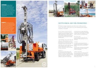 GEOTECHNICAL AND CIVIL ENGINEERING
As Britain’s longest established and best known drilling rig brand,
Dando have been building rigs for the civil engineering and building
industries for decades.
GEOTECHNICAL INVESTIGATION
The demands of the geotechnical driller are
reliability, productivity and flexibility. The Dando
range of geotechnical rigs offer the ability to
use a full range of drilling techniques and hole
diameters on plant that occupy the smallest
possible footprint.
“GEOTHERMAL” AND GSHP DRILLING
Heating and cooling buildings and homes by
using heat pumps to transport heat to and
from the thermal mass of the earth is becoming
increasingly common around the World.
Drilling “heat wells” requires a different approach
to other, traditional types of drilling, only
requiring in many cases to allow the insertion
of a pair of HDPE pipes.
GEOTEC 6
The Geotec 6 is a robust hydraulic rotary
top-drive geotechnical site investigation rig
capable of a full range of sampling and testing
techniques including SPT utilizing the attached
swing in SPT hammer. The machine is
available with high speed and high torque
rotary head options for auger drilling and/or
coring. Various mounting options are available
including a heavy duty commercial 4 x 4 truck,
trailer or customer’s own vehicle/structure.
MULTITEC 6000
Compact, lightweight multipurpose rig for
geotechnical drilling. See page 10 for more
information.
TERRIER
The crawler mounted Dando Terrier Site
Investigation Rig is ideal for soil sampling and
testing for geotechnical and environmental
analysis.
Having the option of both rotary and percussive
drilling techniques, the Terrier is effective,
versatile and affordable.
DANDO 2000/3000
The iconic silhouette of the Dando 2000 and
3000 cable percussion rigs is a feature of
many civil engineering projects. The ‘shell and
auger’ drilling method allows fast, reliable U4
sampling and SPT tests.
STRONG Dando’s team of
designers and engineers pride
themselves on the provision of both
standard and bespoke solutions for
the drilling needs of any and every
project. Strong is a word which sums
up the Dando experience; the strength
and reliability of the machines, the
trading strength of the company and,
most importantly, the strength of
Dando’s commitment to put their
customers first.
SAFETY Working closely with
the UK’s Health and Safety Executive
(HSE), Dando have developed industry
leading rotary rig guarding that is fully
interlocked with the rig functions.
Dando understands drilling and all of
our guarding systems are designed
to protect staff from the dangers
associated with powerful rotary
components while being conducive to
the efficient operation of the drill rig.
8MULTITEC 6000 GEOTEC 6
TERRIER - New ZealandMULTITEC 6000
INVESTIGATOR 2000
 