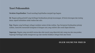 Teori Psikoanalisis
Struktur Kepribadian: Freud membagi kepribadian menjadi tiga bagian:
Id: Bagian paling primitif yang berfungsi berdasarkan prinsip kesenangan. Id berisi dorongan dan insting
dasar, seperti kebutuhan untuk makan dan seks.
Ego: Bagian yang berfungsi sebagai mediator antara id dan realitas. Ego beroperasi berdasarkan prinsip
realitas, mencoba memenuhi keinginan id dengan cara yang realistis dan sosial dapat diterima.
Superego: Bagian yang mewakili norma dan nilai moral yang diperoleh dari orang tua dan masyarakat.
Superego berfungsi untuk mengawasi ego dan menilai tindakan sebagai baik atau buruk
OLEH SIGMUND FREUD
 