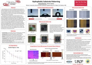 Contact Angle Measurements
Acknowledgments
Hydrophobic Substrate Patterning
David Barton, Anna Swan
Boston University, Electrical and Computer Engineering, 8 St. Mary’s St, Boston, MA
Contact: swan@bu.edu
• This work was funded by Boston University’s Undergraduate Research
Opportunities Program (UROP) and the National Science Foundation’s Division
of Materials Research (NSF DMR) 1411008.
• Thanks to Bruker for the AFM images. Special thanks to Anlee Krupp, Paul Mak,
Xuanye Wang, Jason Christopher, Bennett Goldberg, and Anna Swan for all their
time and support.
Interface Between regions
Strain engineering is the process of changing the physical properties of a
material by applying strain. To lay the groundwork for measuring strain, it is
necessary to pattern a substrate to have varying coefficients of friction. This
was accomplished by altering the substrate’s hydrophobicity. In theory, the
more hydrophobic the substrate, the less friction a two-dimensional (2D)
crystal will experience, as this is due to a decrease in the van der Waals forces
between the crystal and the substrate.
The patterning of the substrates was achieved through the use of
photolithography and atmospheric chemical vapor deposition (CVD) of a
silane called octadecyltrimethoxysilane (OTMS). Photolithography is the
process of using light to transfer geometric patterns to a substrate covered in
a photopatternable chemical called a photoresist. Atmospheric CVD is the
process used to deposit a thin film of gaseous OTMS at atmospheric pressure
in order to alter the substrate’s hydrophobicity. Not only did the OTMS
increase the substrate’s hydrophobicity, but it was also experimentally
verified to be photodegradable. This infers that the OTMS can be degraded
with shorter wavelength UV light, meaning that the hydrophobicity of the
OTMS-coated substrate would decrease as the substrate is exposed to more
UV light. Thus, the combination of these processes will aid in discovering
intrinsic properties of 2D crystals such as graphene, MoS2, and hBN. These
materials may one day be used in various applications such as touch-screen
technology, LEDs, and improved solar cells.
• A basic patterning procedure for creating varying areas of friction on a substrate
through hydrophobic manipulation was achieved.
• In order to create these patterns, it is necessary to perform photolithography,
then atmospheric CVD of a silane (OTMS works very well), and to clean the
substrate to ensure optimal conditions for eventual transfers of 2D crystals.
• UV degradation was explored for future manipulation of the difference in
hydrophobicity between the silanized and non-silanized sections.
• Macroscale patterns were sufficiently studied through optical measurements of
contact angle as well as through water coverage.
• Microscale patterns require AFM measurements to determine the sharpness of
the interface between the two regions with and without silane.
• The next steps in the microscale patterning include verifying that silane was
successfully deposited as well as determining its locations with an AFM.
• Photolithography: This procedure contains the following steps: pre-baking,
spinning of photoresist, post-baking, exposure, and development.
• Atmospheric CVD: Liquid silane is heated into a gaseous form, and
deposited onto the substrate. This is also known as silanization.
• Cleaning: The substrate is sonicated in acetone and isopropanol, and blow-
dried with nitrogen. A piranha cleaning may be performed as well.
• UV Degradation: 190nm wavelength UV light is used to degrade the silane
covering the substrate. OTMS was used as it is photodegradable.
• Contact Angle Measurements: All contact angle (CA) measurements are
taken with a contact angle goniometer.
• Atomic Force Microscopy (AFM): An atomic force microscope is used to
detect sub-nanometer height differences on the surface of a substrate.
~10º ~50º ~100º
Macroscale Patterning
Microscale Patterning
UV Degradation
Semi-circles Quarter-circles
Image of Photomask Image of Photomask
Implementation on Substrate Implementation on Substrate
Photomask Substrate Photomask Substrate
vs. vs.
Abstract
Methods
Patterned with Photoresist Covered with Water
Before CVD After CVD and Sonication
Patterned with Photoresist After CVD and Sonication After Piranha Cleaning
Using Atomic Force Microscopy To Locate Silane Patterns
• The substrate patterned into quadrants
demonstrates the patterning accuracy.
• The substrate patterned into halves
demonstrates the difference in hydrophobicity
between the silanized and non-silanized
sections. Performing a piranha cleaning alters
the contact angles of each section, but the
difference in contact angle appears to be
maintained.
Lateral Force Microscopy (Contact Mode)
(These images are courtesy of Bruker.)
Optical Measurement
Non-silanized Silanized
• It is possible to determine the locations of microscopic patterns of silane due to the step height between the
silanized and non-silanized sections of the substrate.
• Microscale patterns were achieved, but more adjustments need to be made
to ensure maximum conformity.
Conclusions
Increasing Hydrophilicity Increasing Hydrophobicity
Before CVD
 