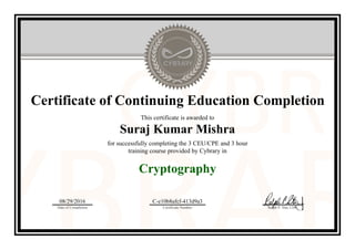 Certificate of Continuing Education Completion
This certificate is awarded to
Suraj Kumar Mishra
for successfully completing the 3 CEU/CPE and 3 hour
training course provided by Cybrary in
Cryptography
08/29/2016
Date of Completion
C-e10b8afcf-413d9a3
Certificate Number Ralph P. Sita, CEO
Official Cybrary Certificate - C-e10b8afcf-413d9a3
 